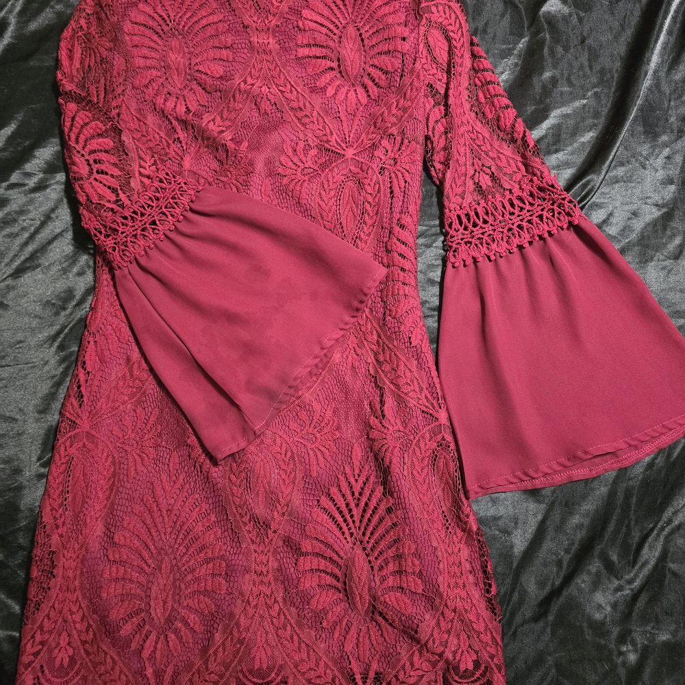 Burgundy Lace Mini Dress with Bell Sleeves